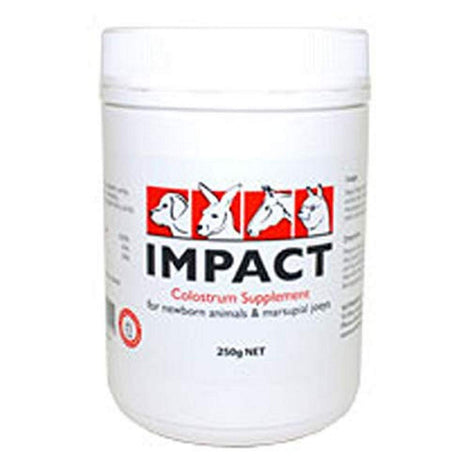 Wombaroo Impact Colostrum Supplement jar supports newborn mammals' immune function and gut health.