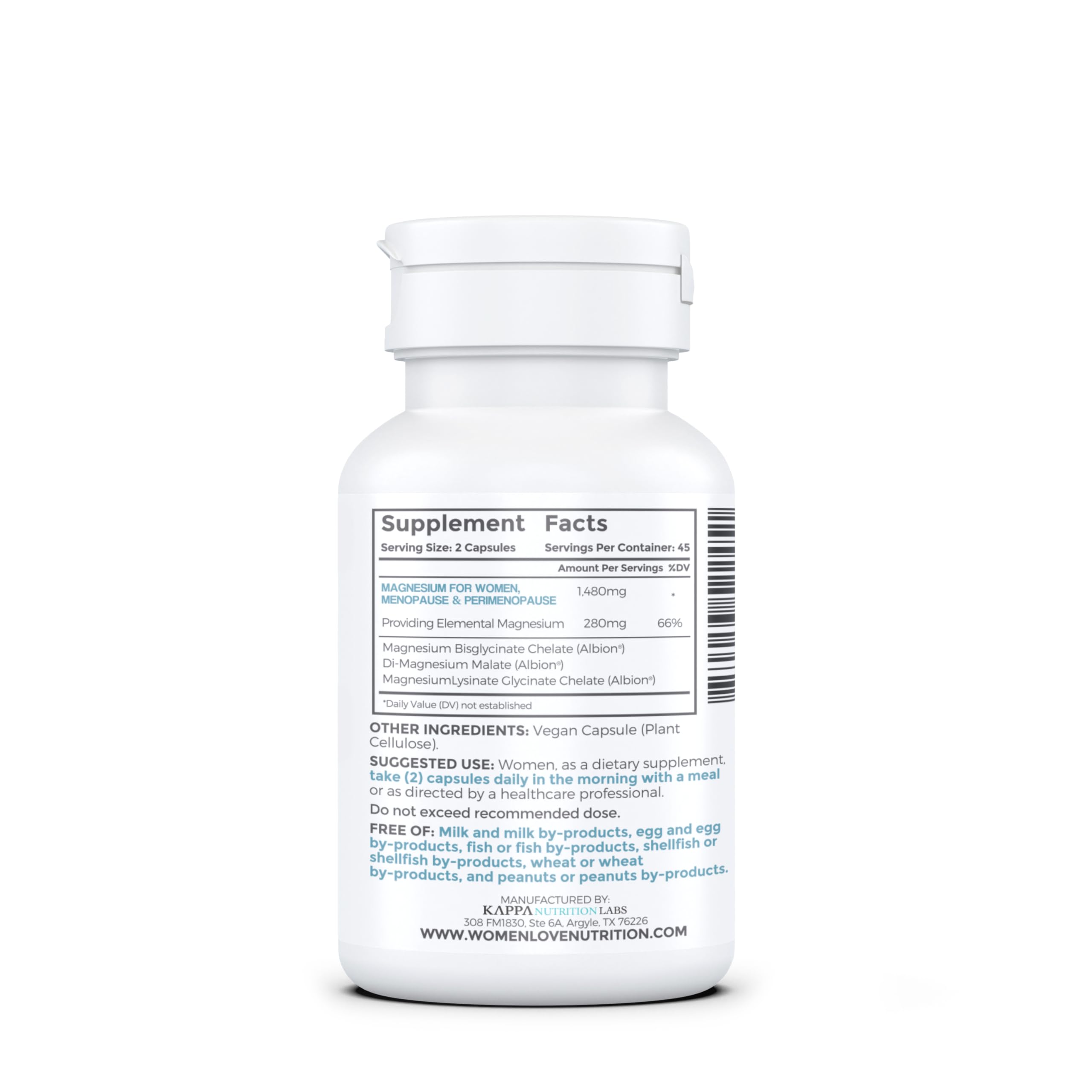 WOMEN LOVE NUTRITION Magnesium capsules close-up, daily use and hormonal support.