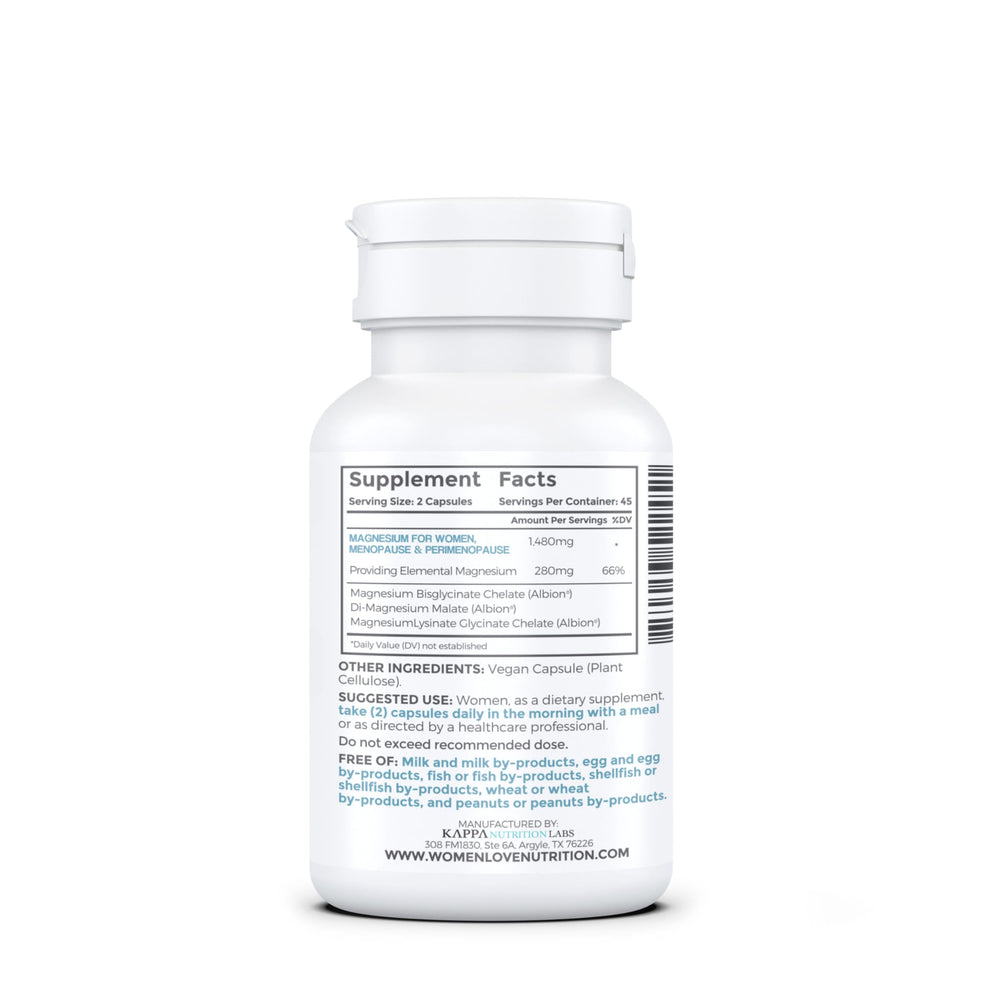 WOMEN LOVE NUTRITION Magnesium capsules close-up, daily use and hormonal support.