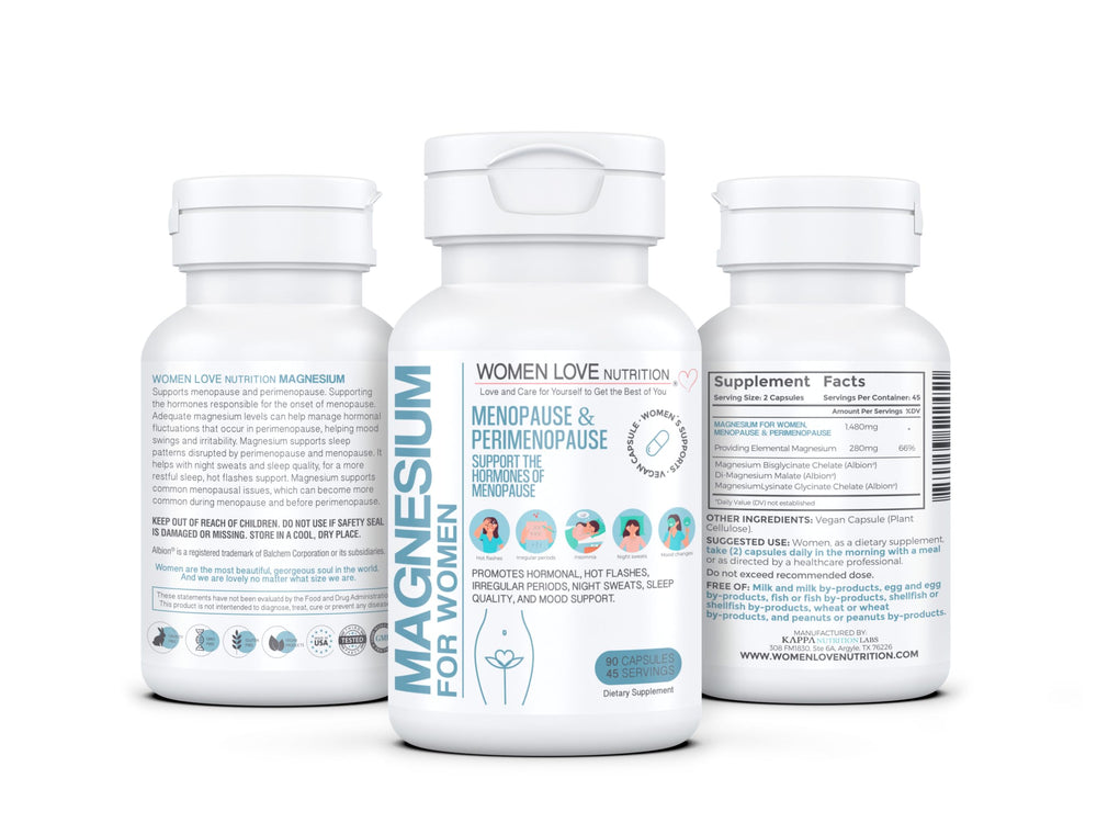 WOMEN LOVE NUTRITION Magnesium on nightstand, ready for a smooth routine.