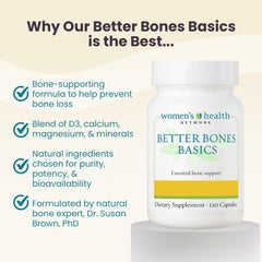 Women's Health Network Better Bones Basics label view emphasizes zinc and boron for immune support and balance.