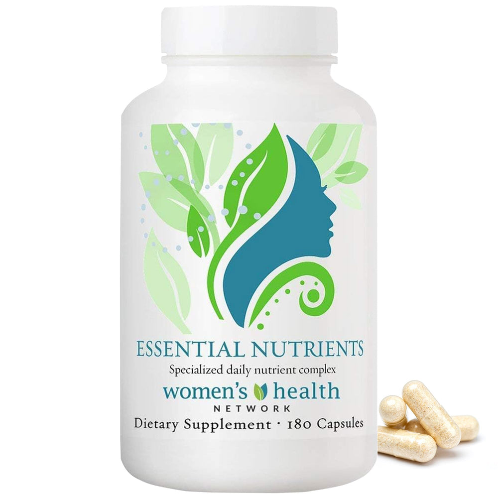Women's Health Network Essential Nutrients bottle on the counter for daily vitality.
