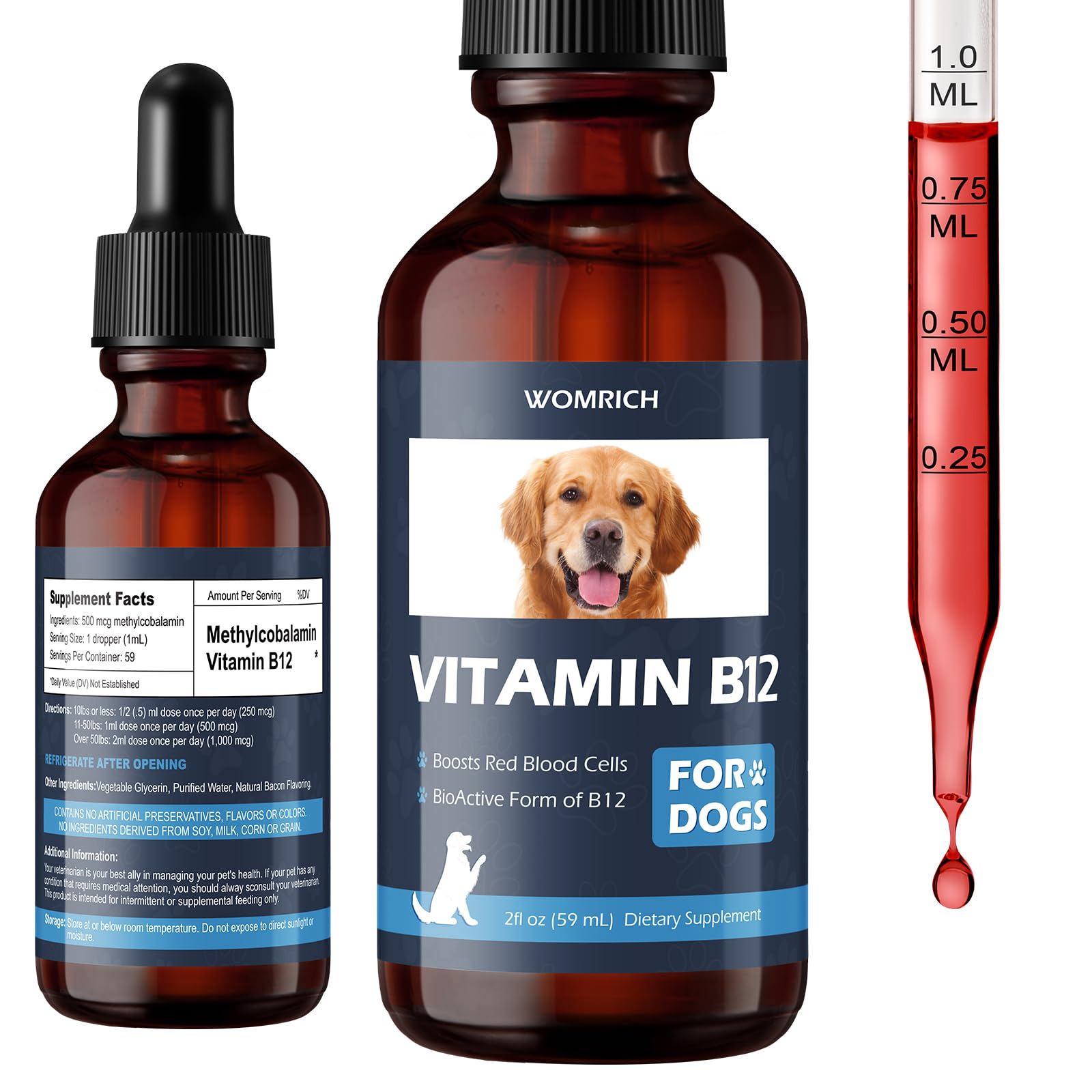 WOMRICH Appetite Stimulant B12 bottle closeup for dogs, supporting appetite.