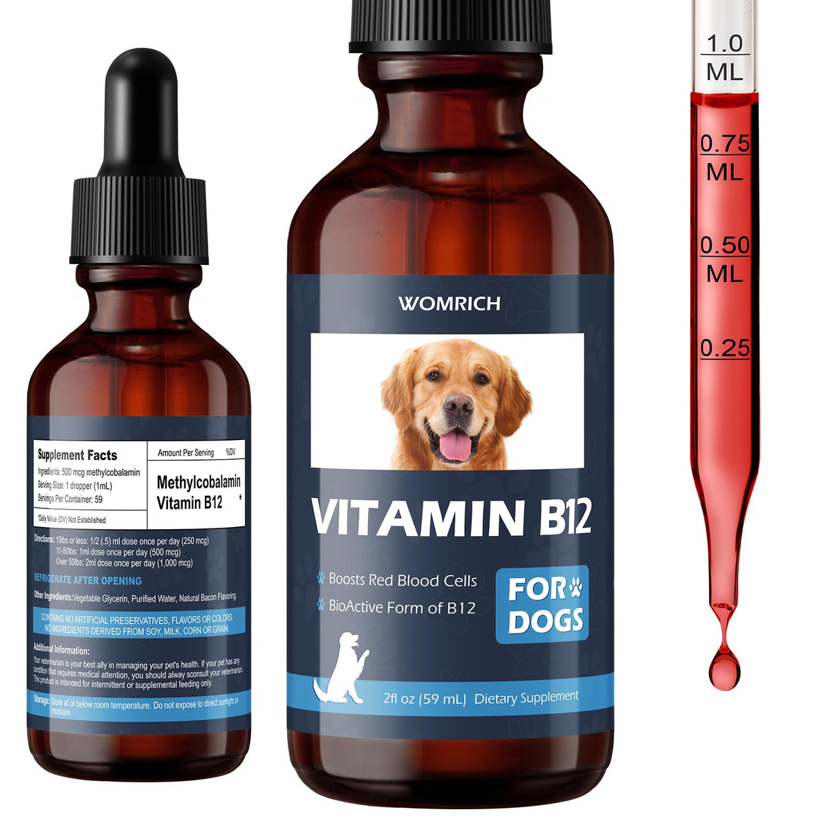 WOMRICH Appetite Stimulant B12 bottle closeup for dogs, supporting appetite.