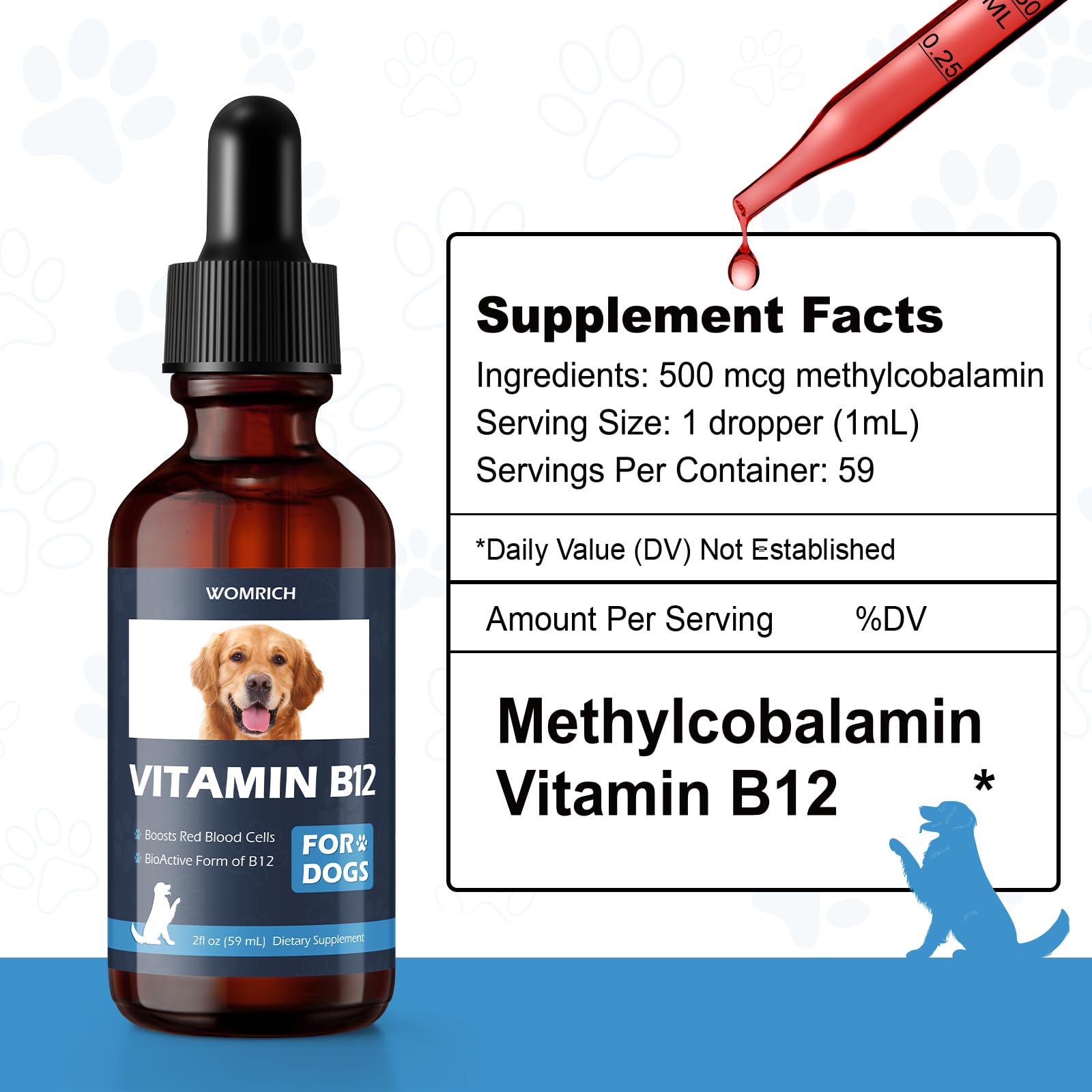 WOMRICH Liquid B12 for dogs pouring view supports digestion and appetite.