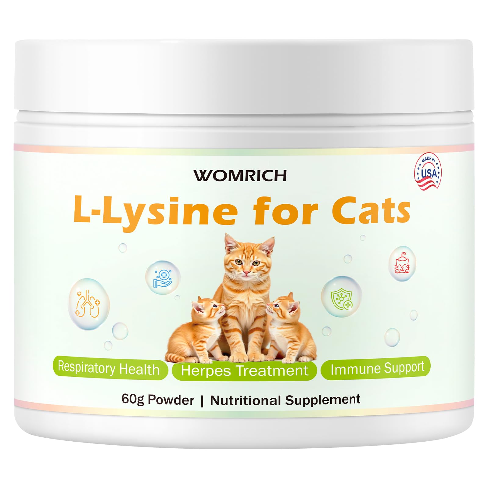 WOMRICH L-Lysine powder cat bottle closeup; supports immune health potential.