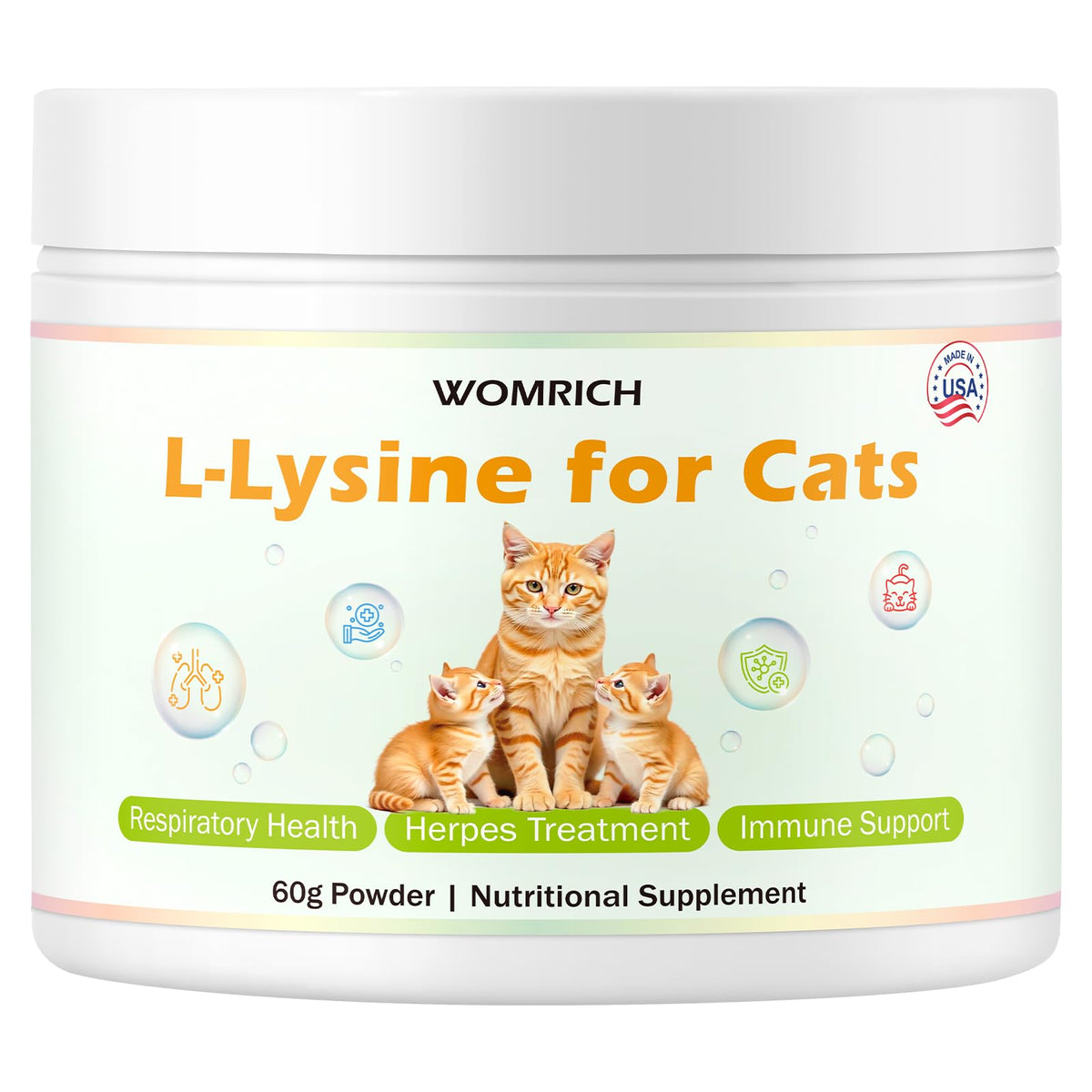 WOMRICH L-Lysine powder cat bottle closeup; supports immune health potential.