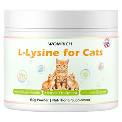 WOMRICH L-Lysine powder cat bottle closeup; supports immune health potential.