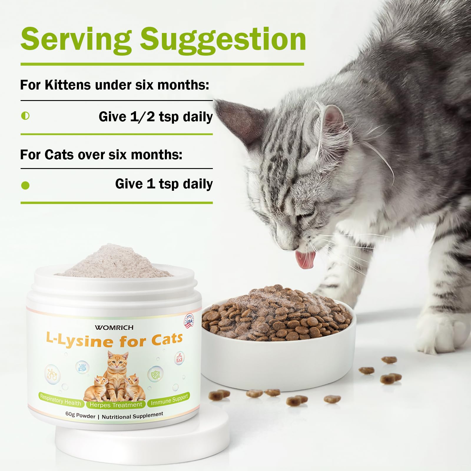 WOMRICH L-Lysine powder cat eye health closeup; supports eye comfort.