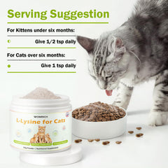 WOMRICH L-Lysine powder cat eye health closeup; supports eye comfort.