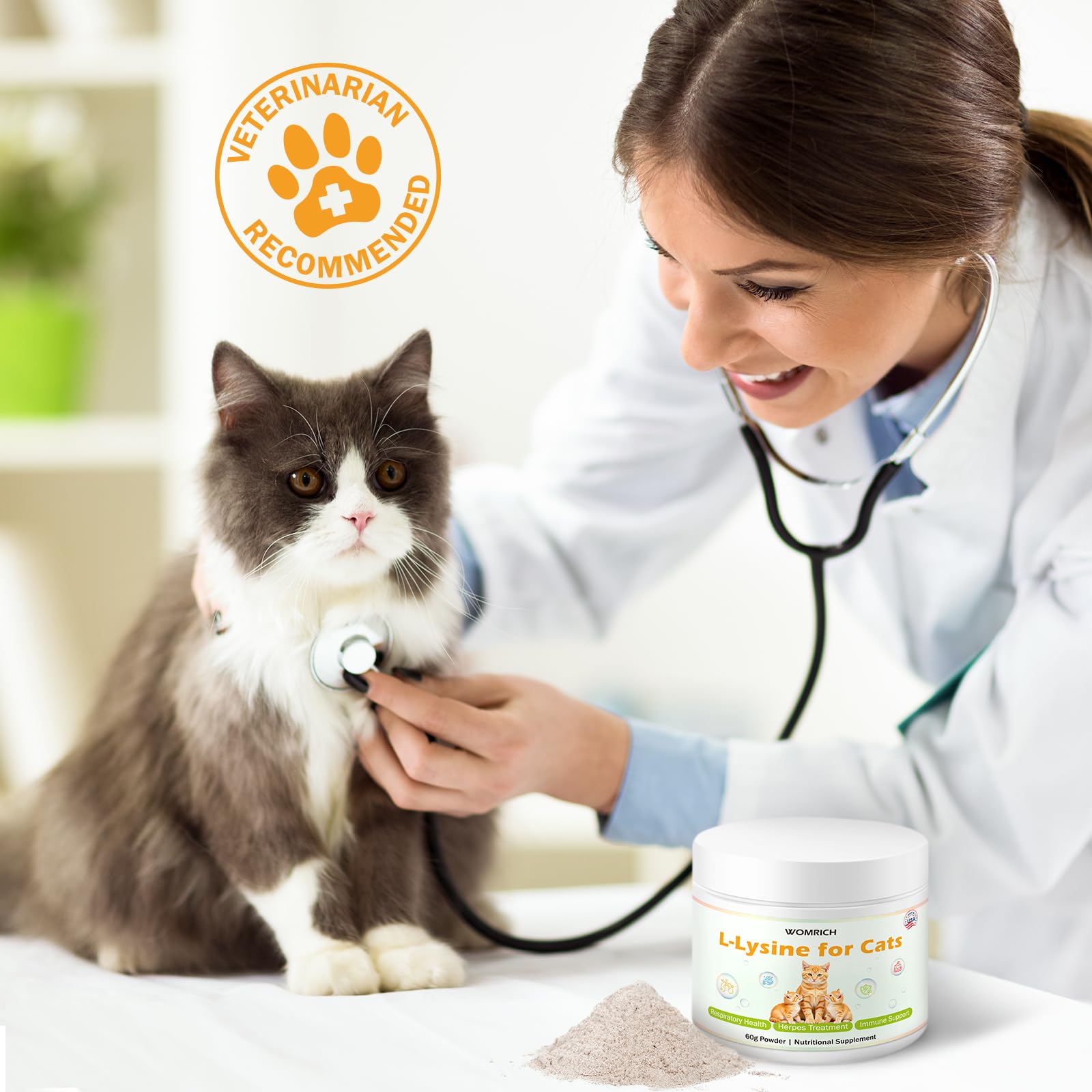 WOMRICH L-Lysine powder cat skin coat shine closeup; promotes coat wellness.