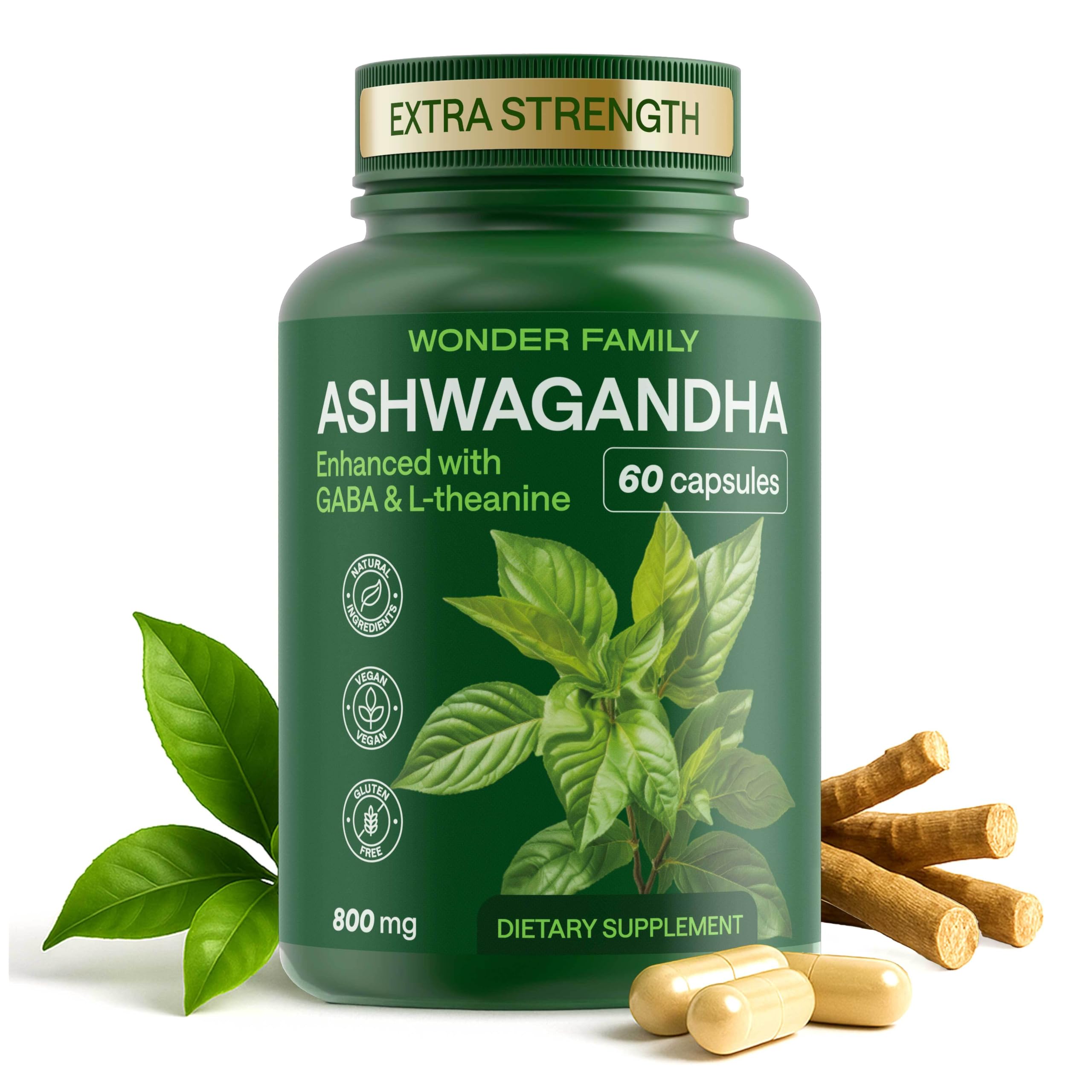 Wonder Family Ashwagandha Complex bottle packshot promotes daily calm and focus.