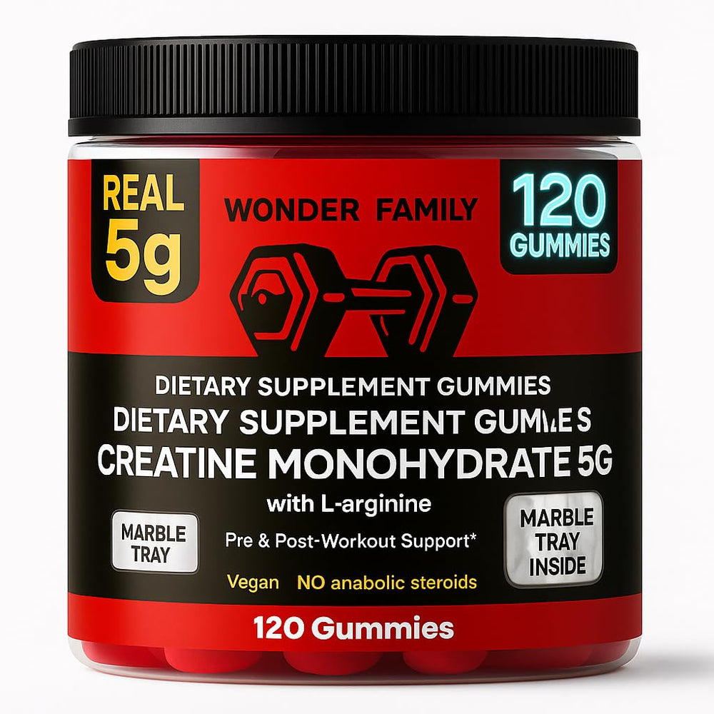 Wonder Family Creatine Monohydrate Gummies 120-count package for convenient pre-workout energy.