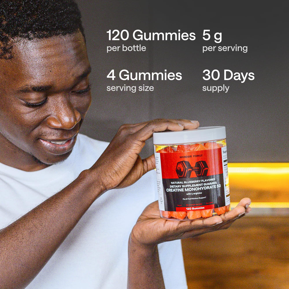 Serving scene with Wonder Family Creatine Monohydrate Gummies for on-the-go training.