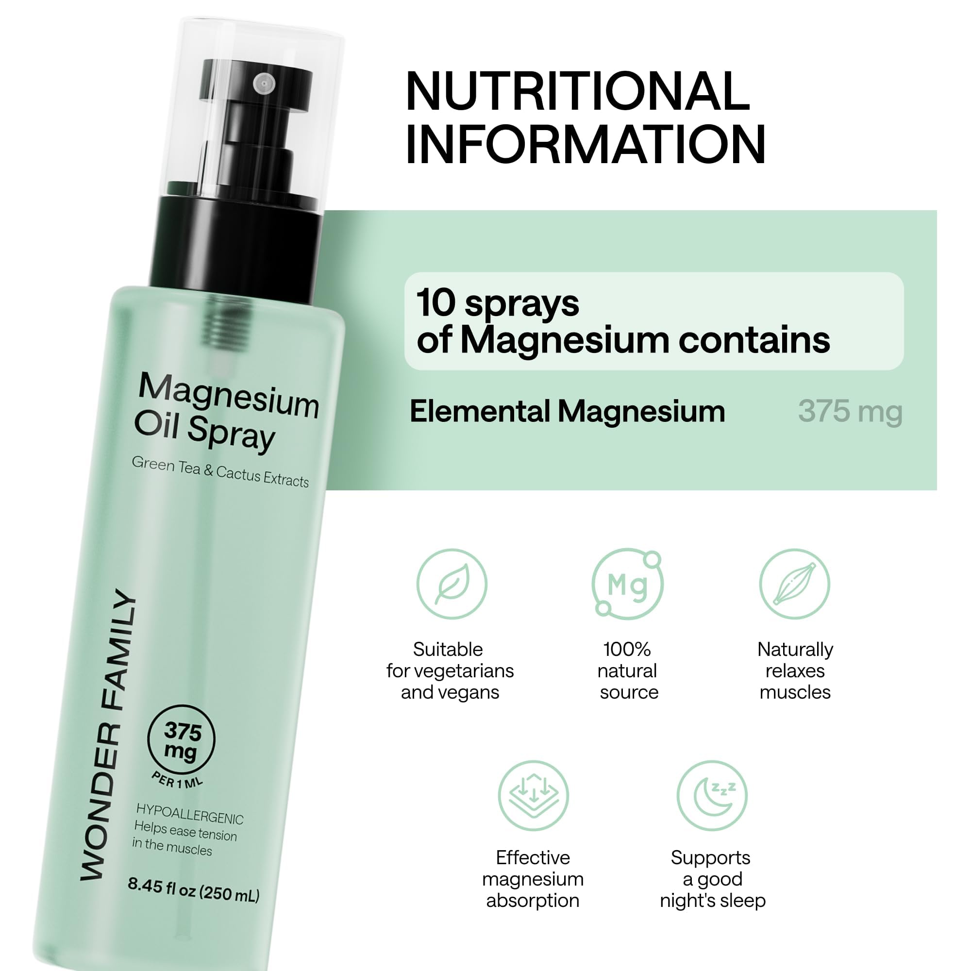 Wonder Family magnesium oil spray with vitamin B supports skin hydration and a soothing feel.