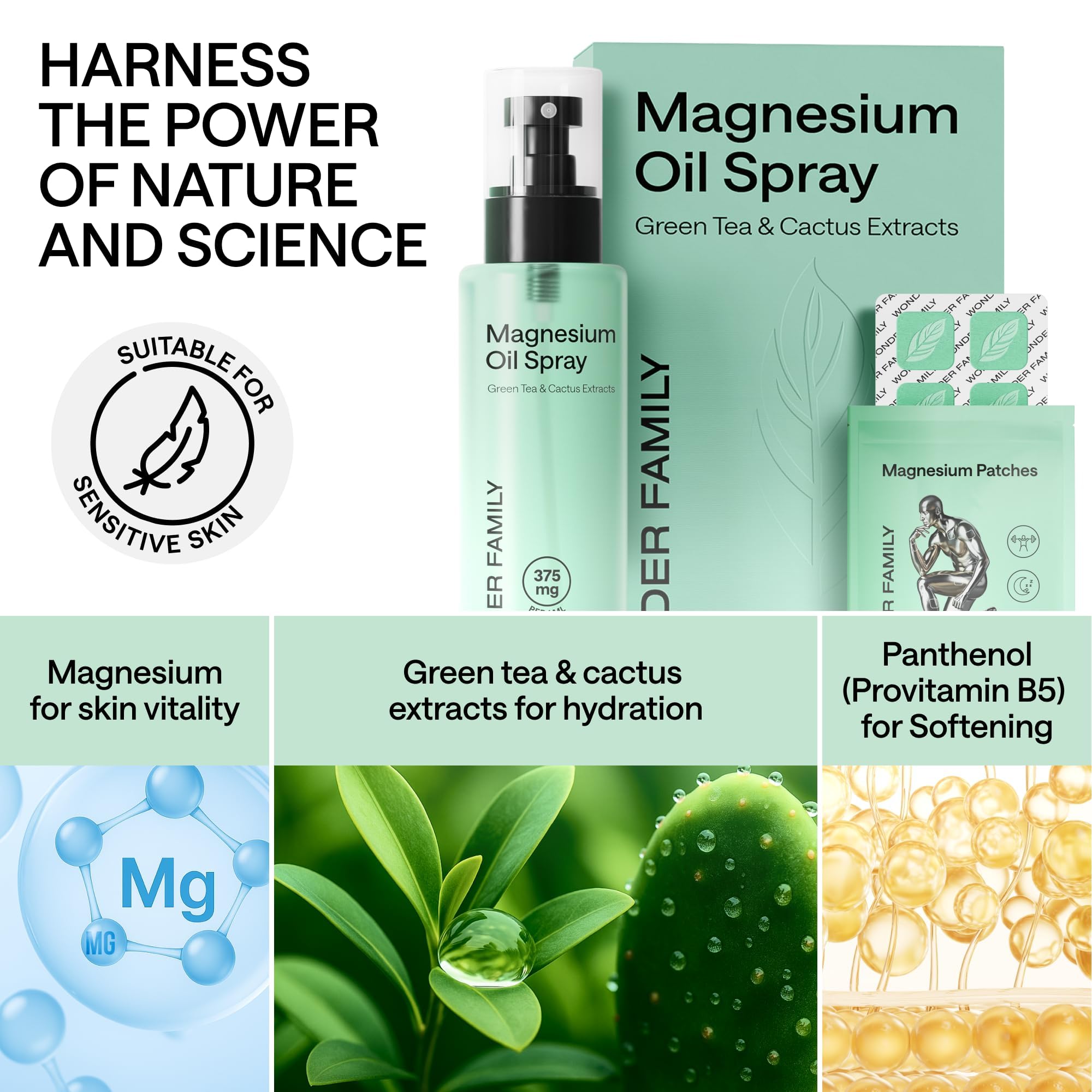 Wonder Family magnesium spray contains cactus and green tea extracts for revitalized skin.