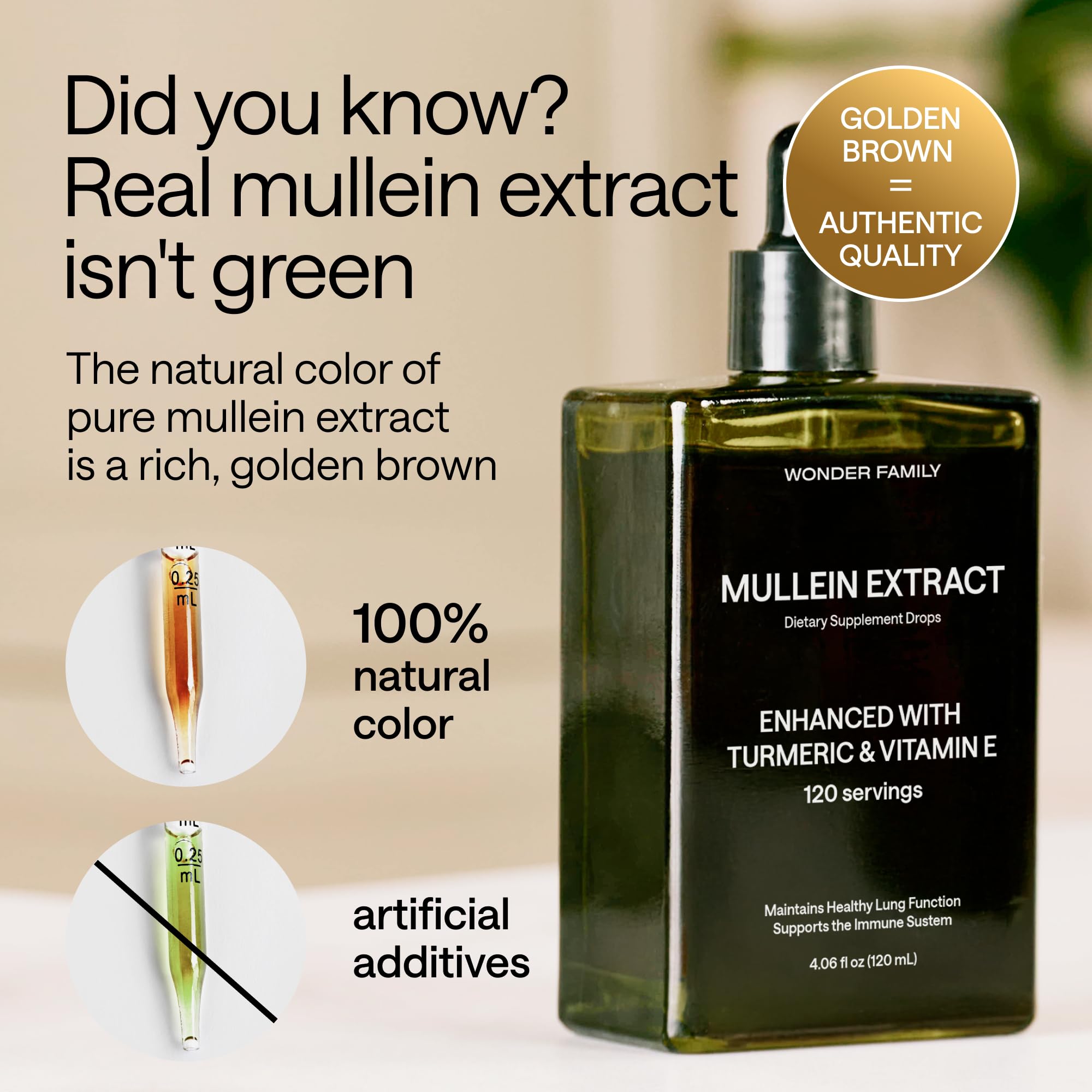 Wonder Family Mullein Drops amber glass bottle emphasizes alcohol-free formula