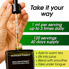 Wonder Family Mullein Drops bottle front highlighting vegan-friendly formula