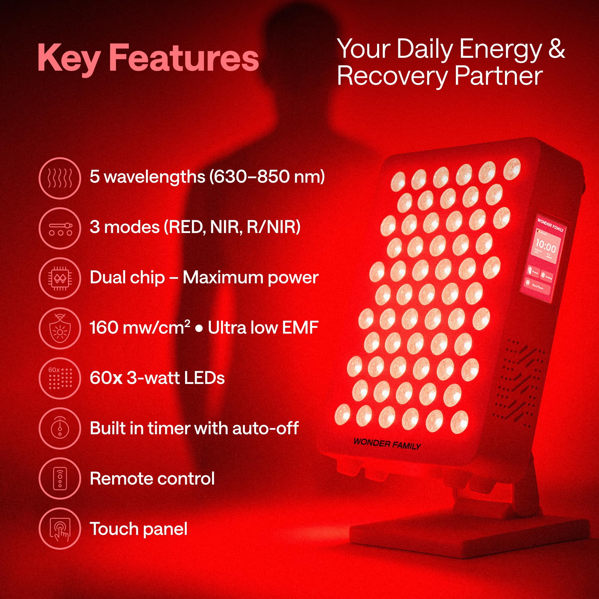 Wonder Family red light panel side setup shows compact design for home use