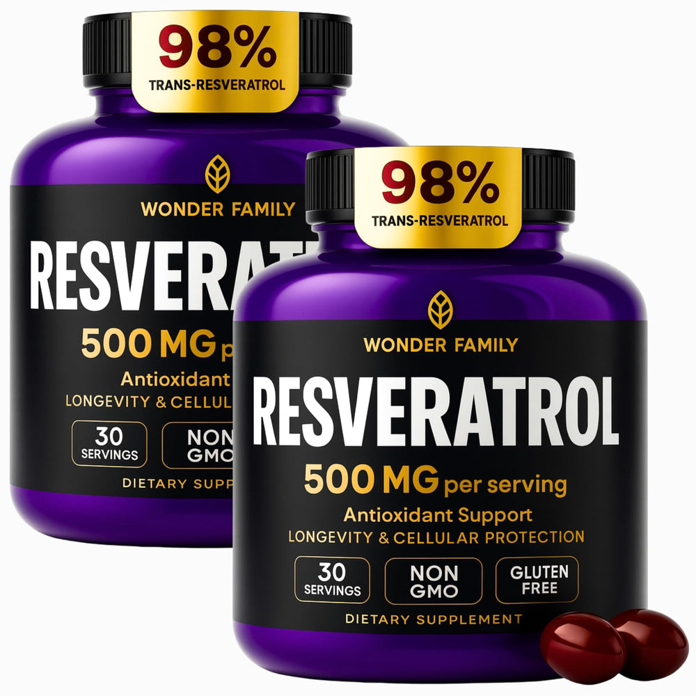 Wonder Family Resveratrol 1000mg bottle highlights high-potency antioxidant benefits.