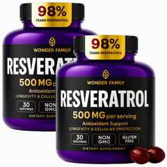 Wonder Family Resveratrol 1000mg bottle highlights high-potency antioxidant benefits.