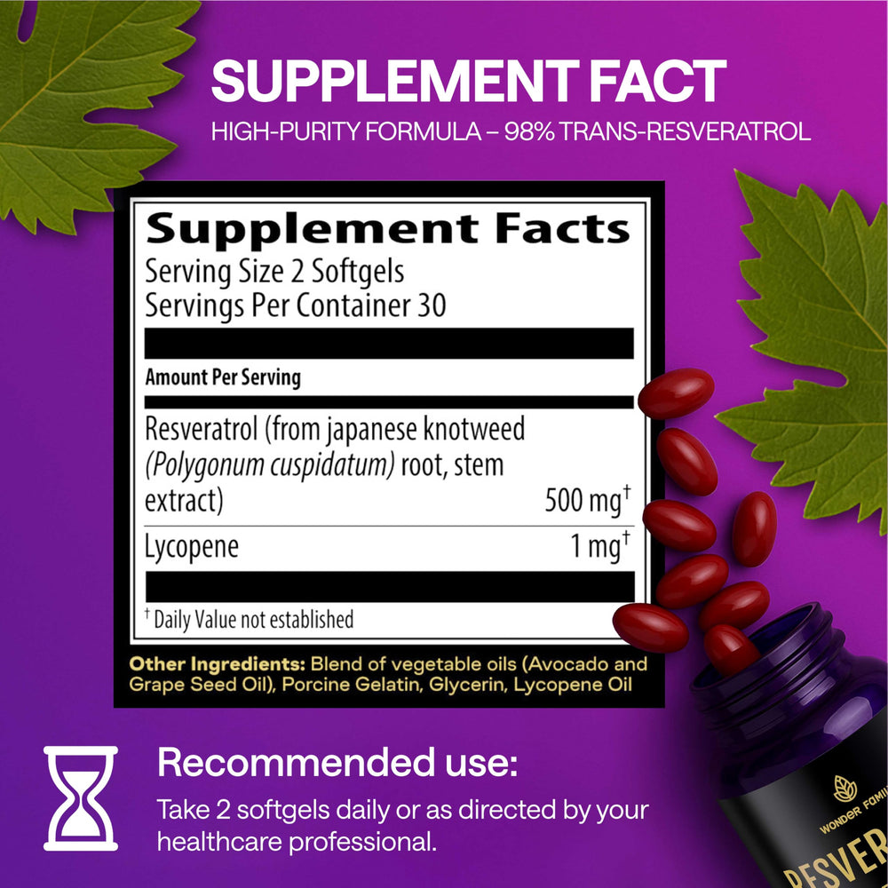 Wonder Family Resveratrol ingredients panel indicates vegan, non-GMO formulation.