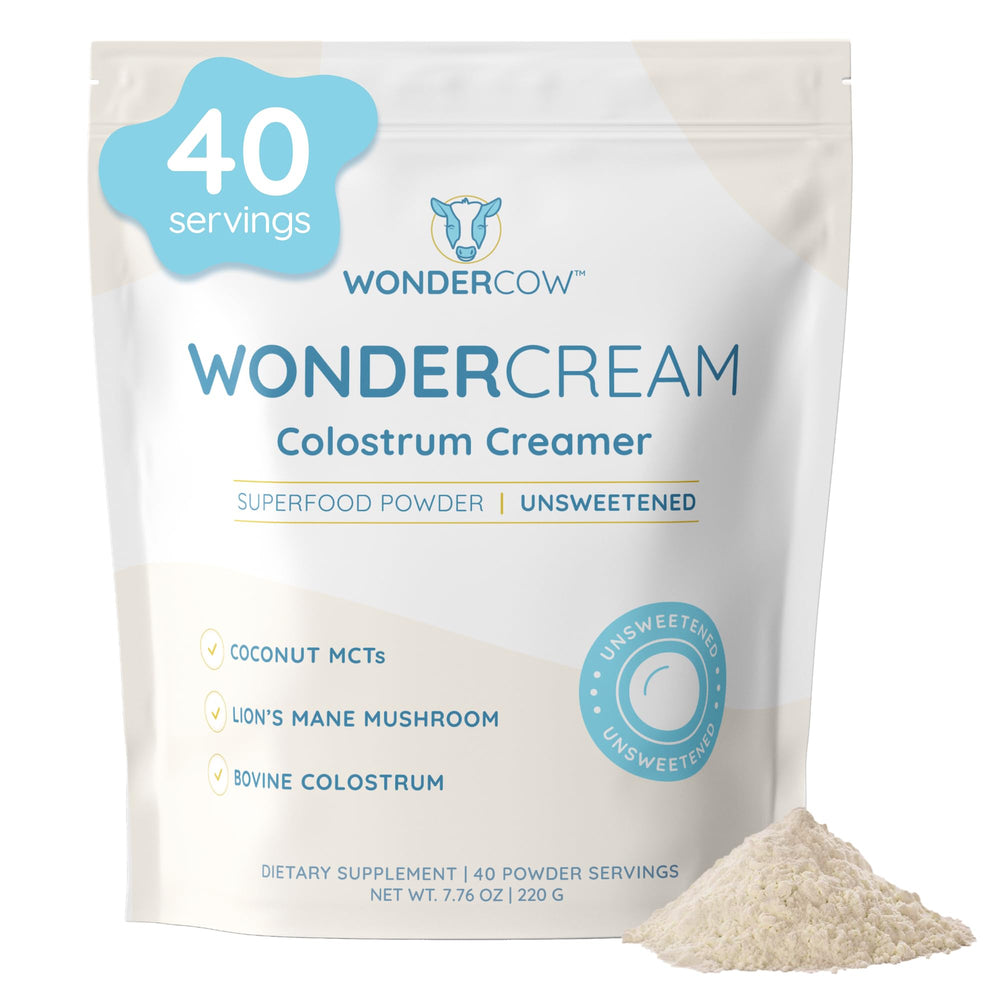 WonderCow bovine colostrum creamer scoop added to coffee for creaminess