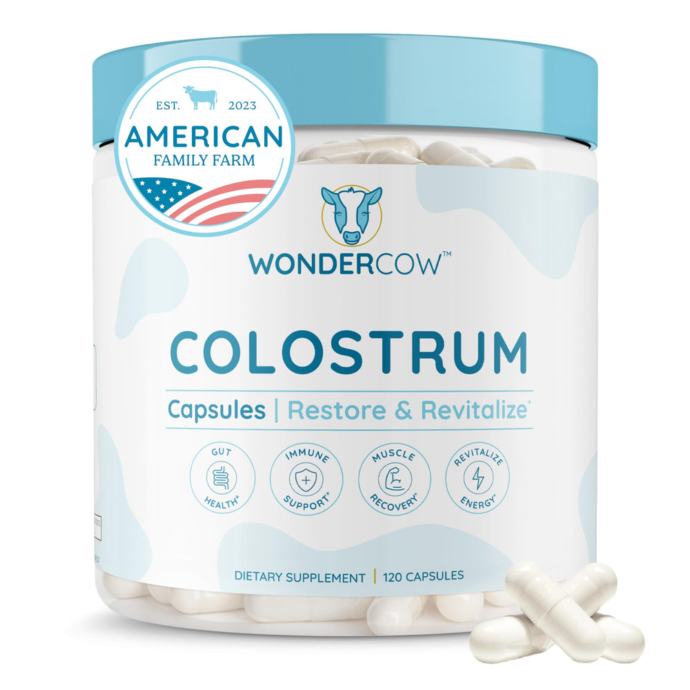 WONDERCOW Colostrum Capsules bottle on kitchen counter suggesting daily gut and immune support.