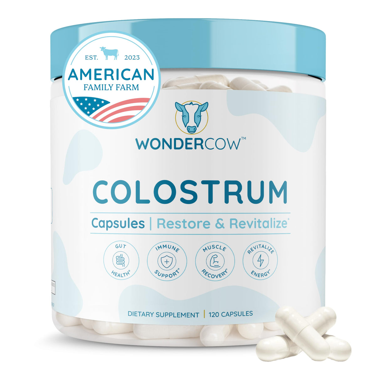 WONDERCOW Colostrum Capsules bottle on kitchen counter suggesting daily gut and immune support.
