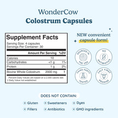 WONDERCOW colostrum capsules closeup highlighting rich texture and nutrient-dense formula.