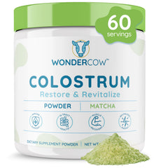WonderCow colostrum powder bottle pour for easy daily immune support.