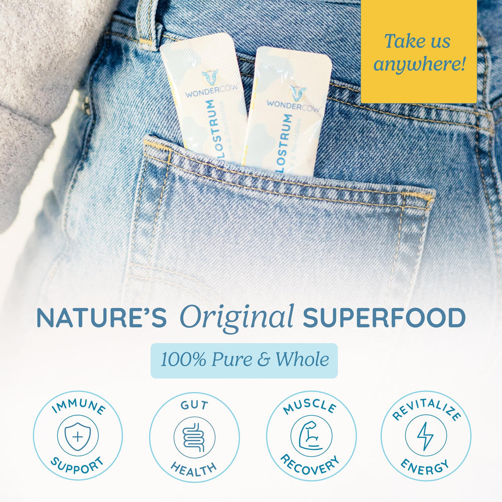WonderCow Colostrum powder in a glass with smoothie shows easy mix-in for wellness.