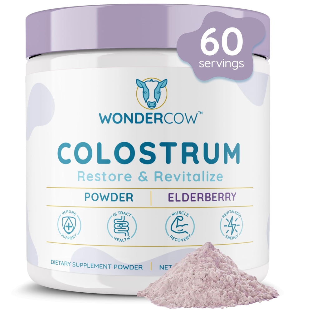 WonderCow colostrum powder jar with scoop ready for daily gut health support.