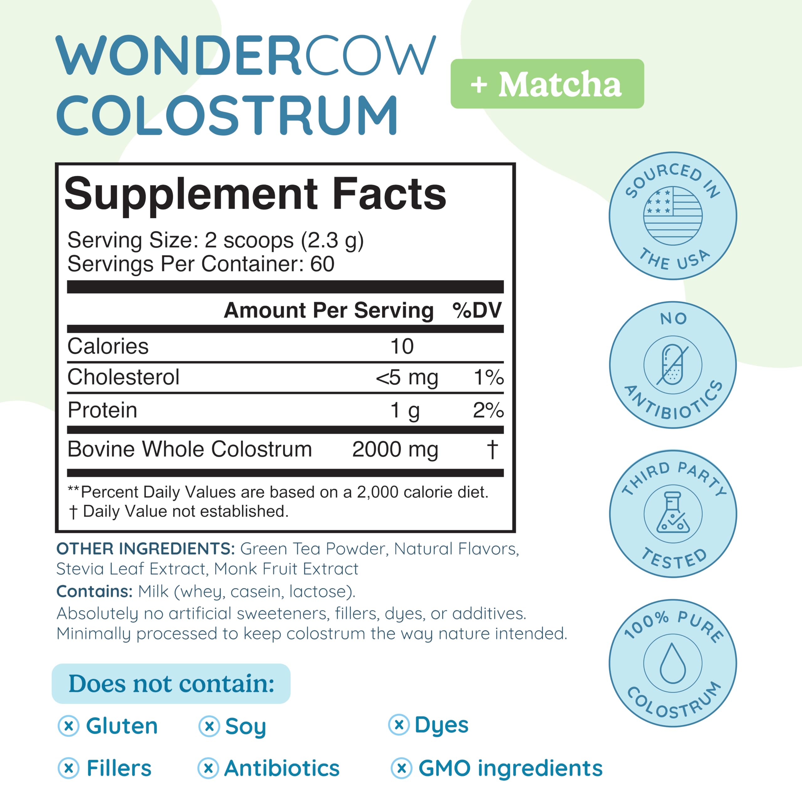 WonderCow colostrum powder scoop measuring for precise daily servings.