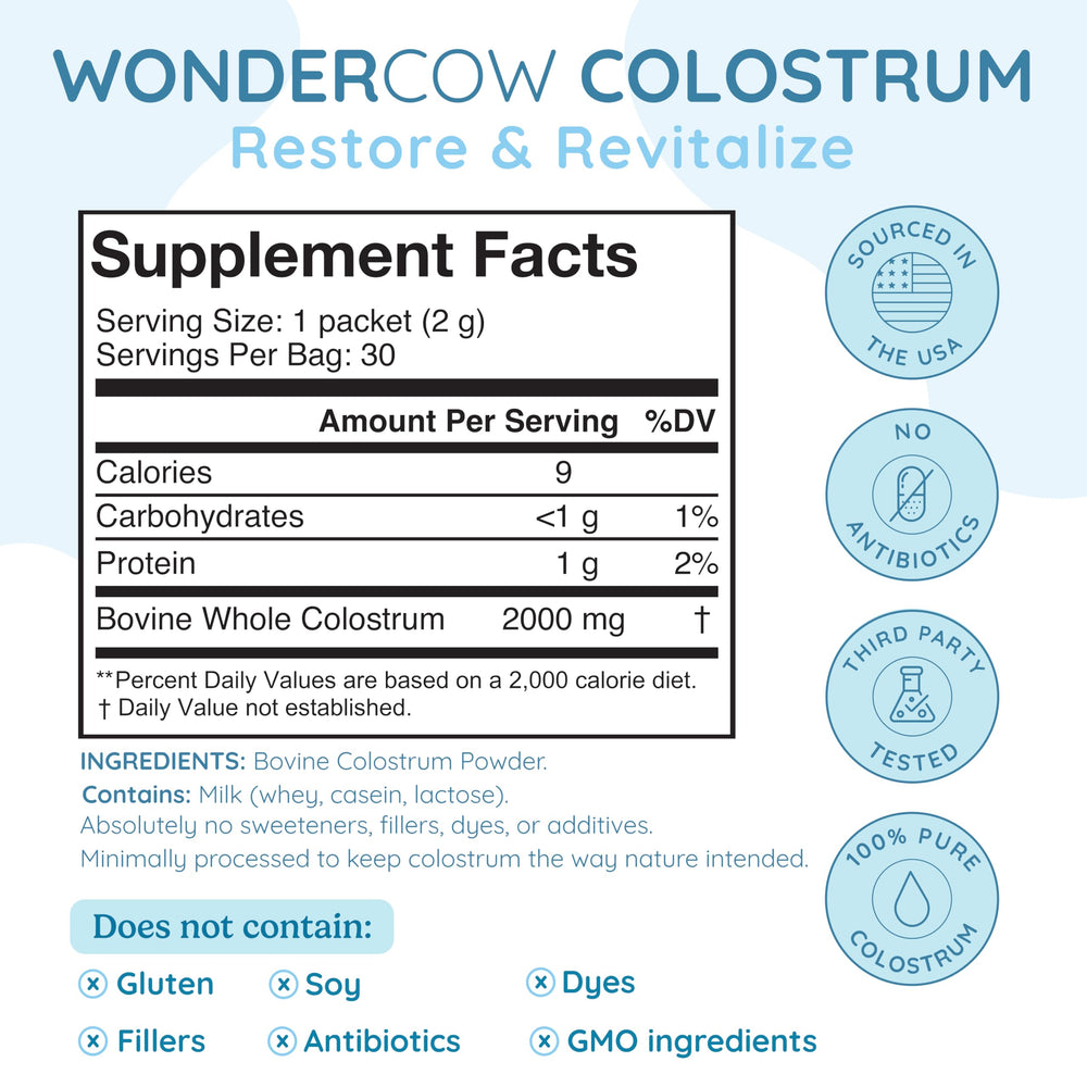 WonderCow Colostrum powder scoop illustrating convenient daily serving for immune support.