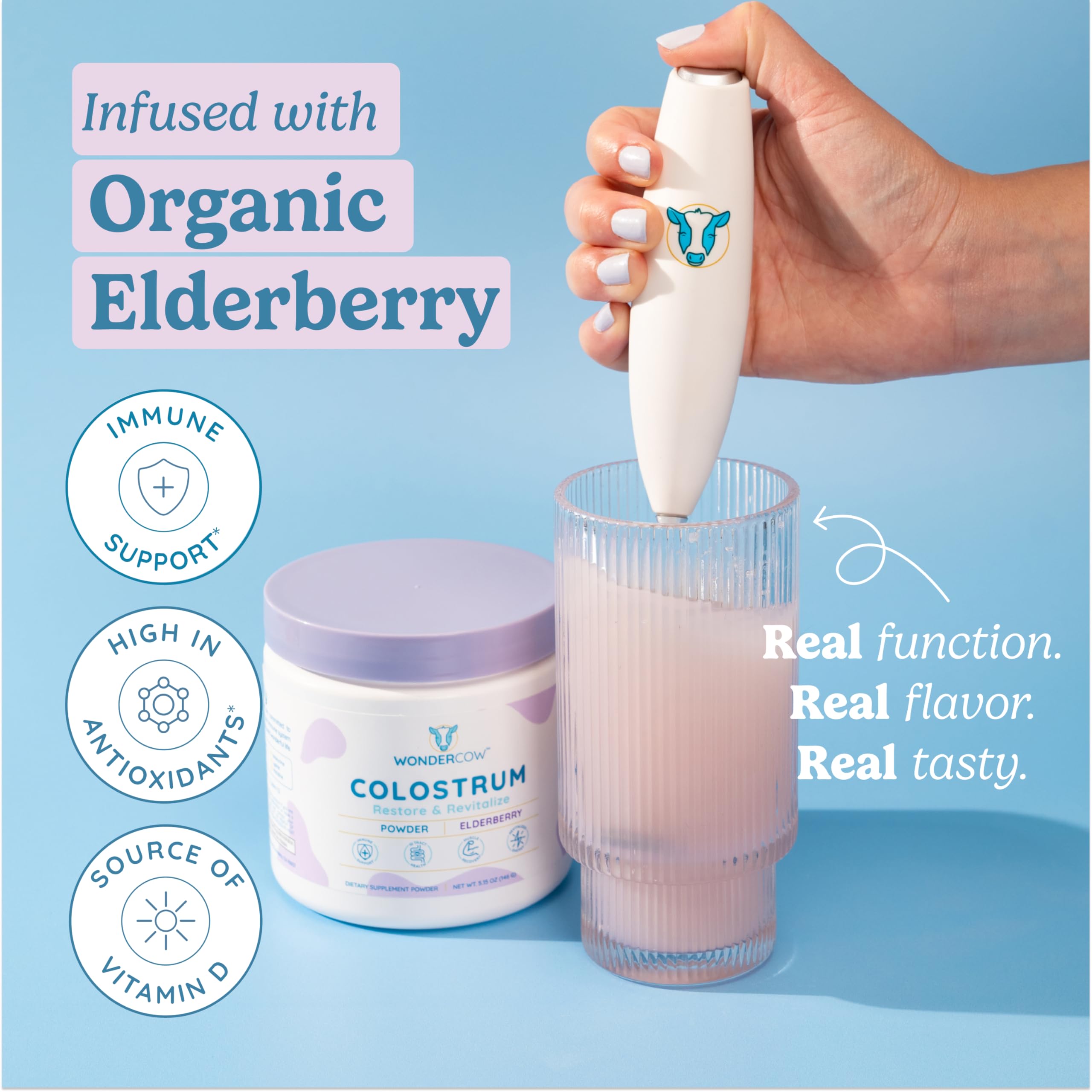 WonderCow label shows two-scoop serving guide for adults and family routines.