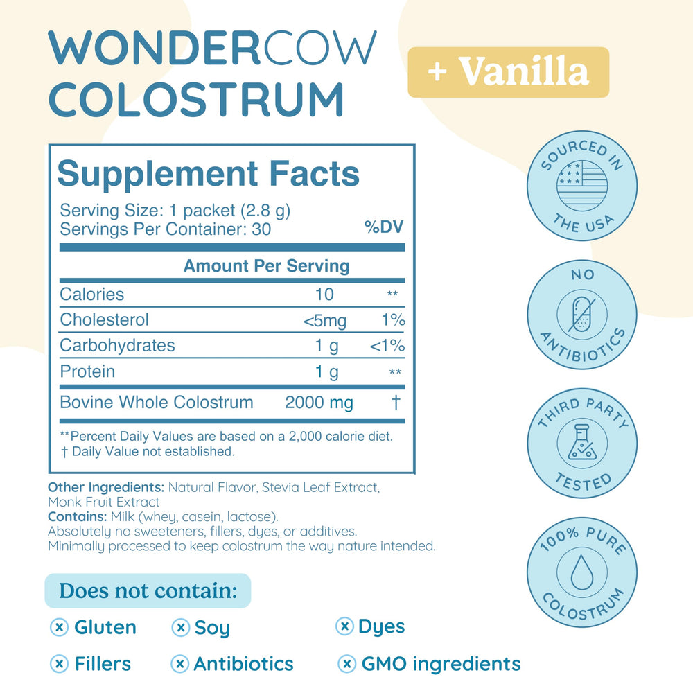 WONDERCOW colostrum powder to-go packet ready for convenient daily use