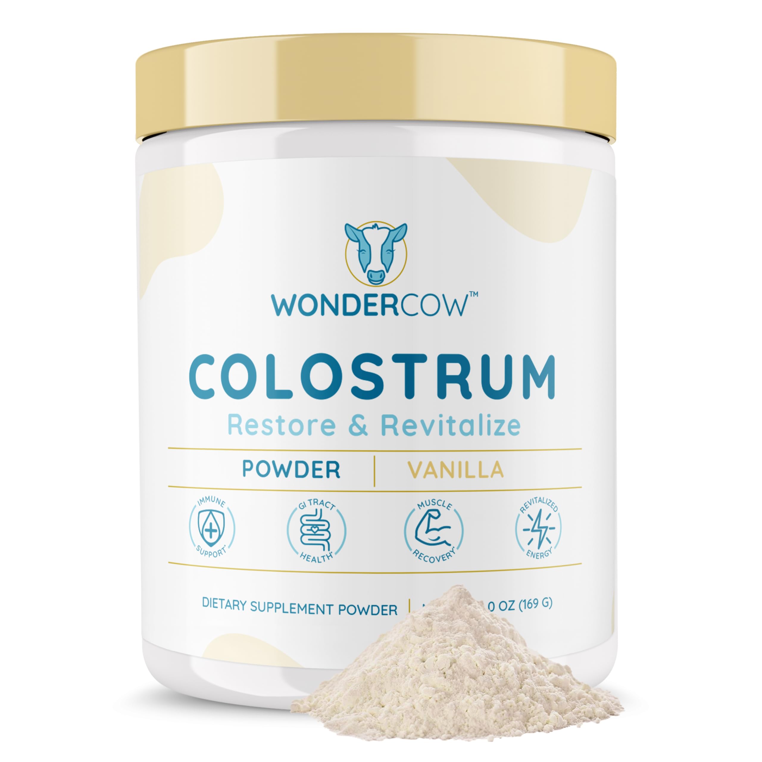 WonderCow Colostrum Powder tub closeup highlighting pure whole colostrum for daily wellness