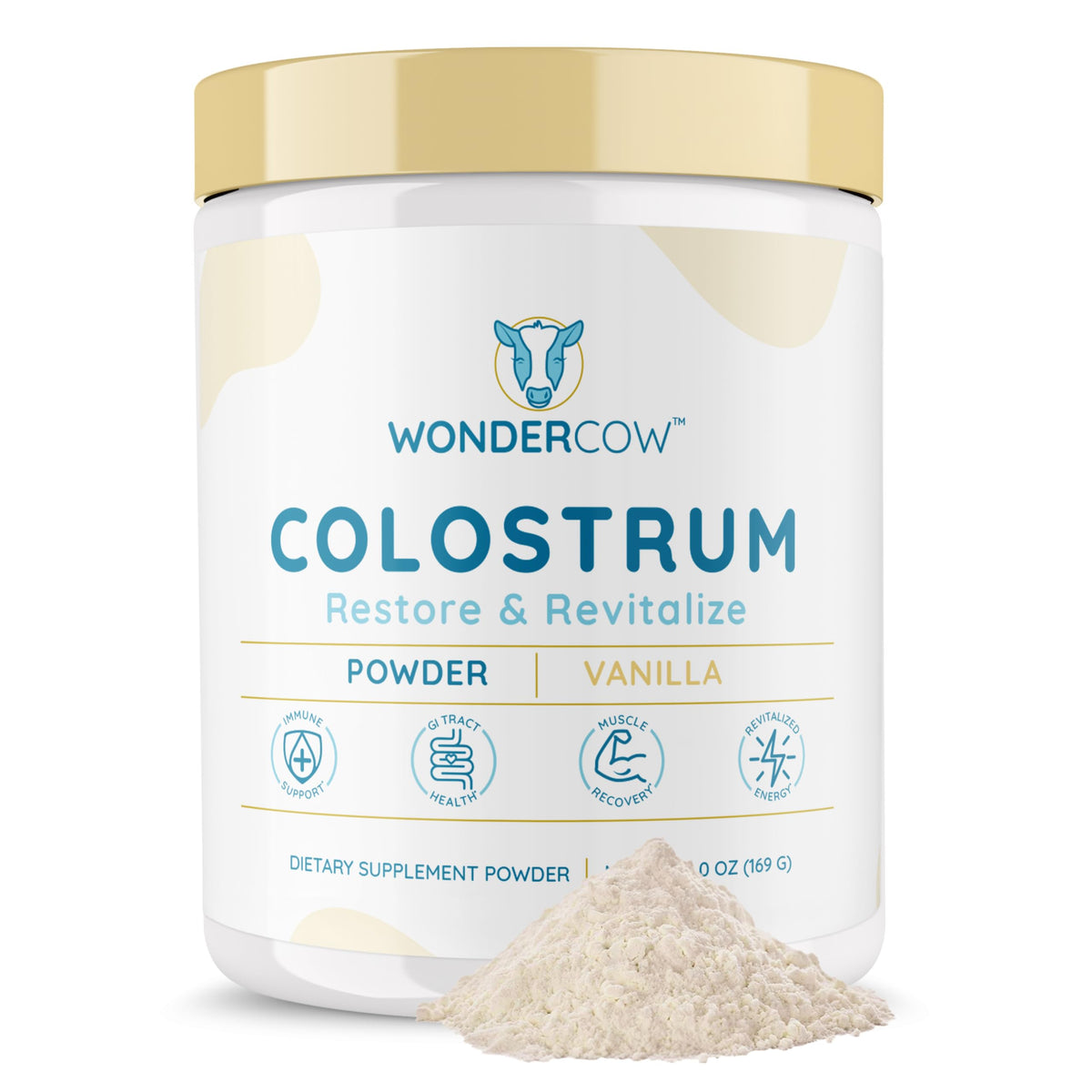 WonderCow Colostrum Powder tub closeup highlighting pure whole colostrum for daily wellness