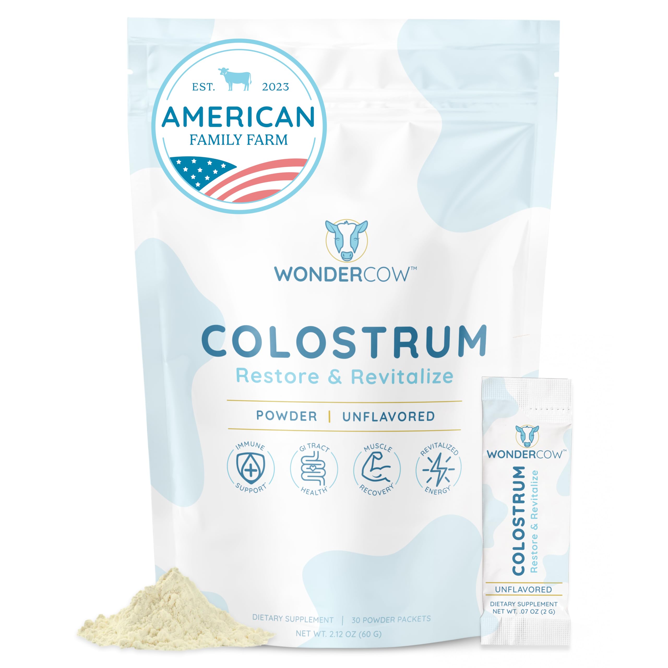 WonderCow Colostrum powder tub showing pure whole colostrum for gut health support.