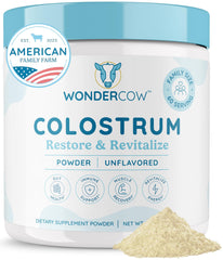 WonderCow colostrum powder tub ready for daily gut support and immune wellness.
