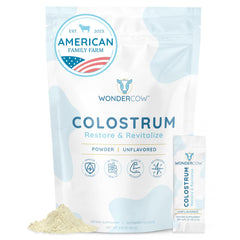 WonderCow Colostrum powder tub showing pure whole colostrum for gut health support.