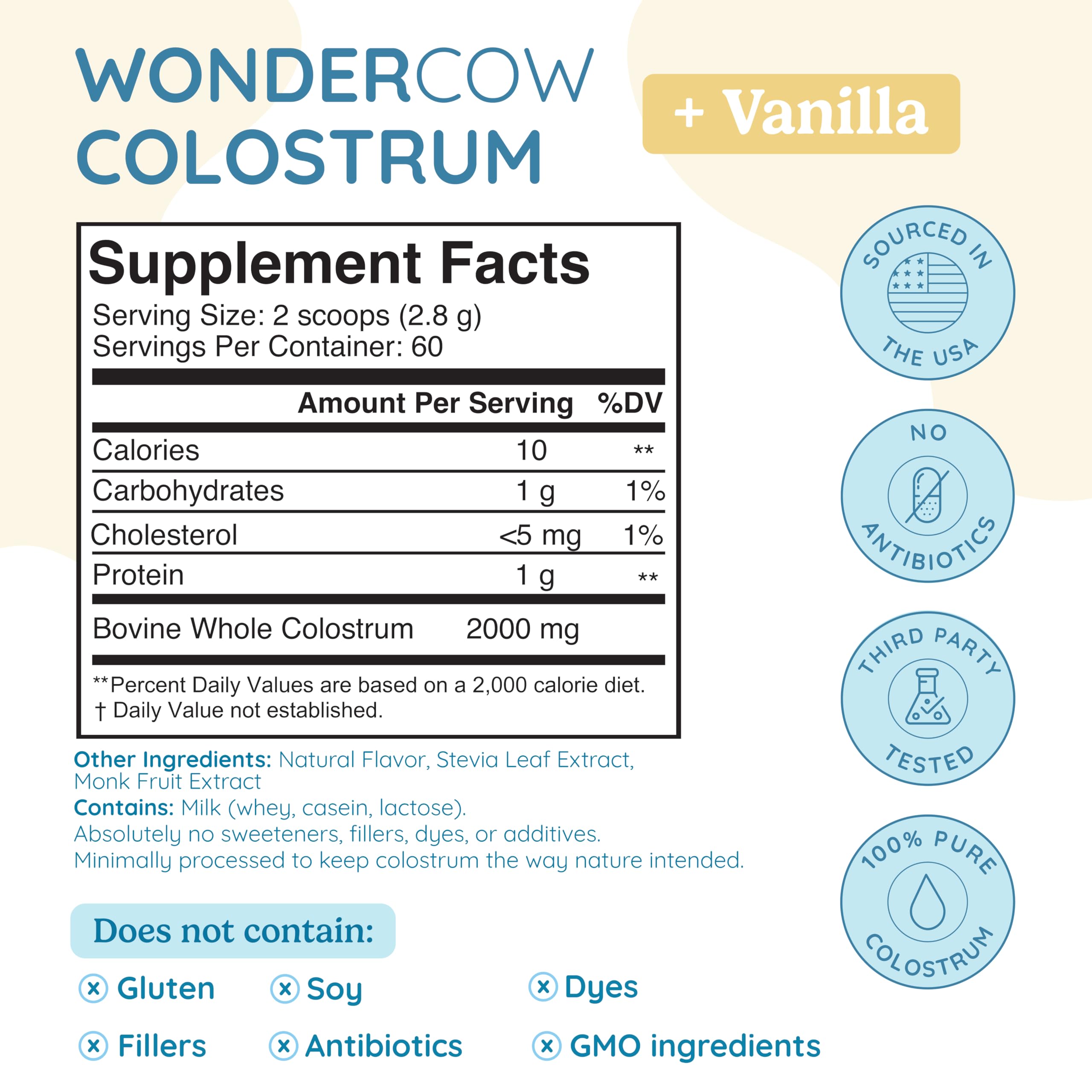 WonderCow Colostrum Powder vanilla scoop immersed in glass with vanilla aroma