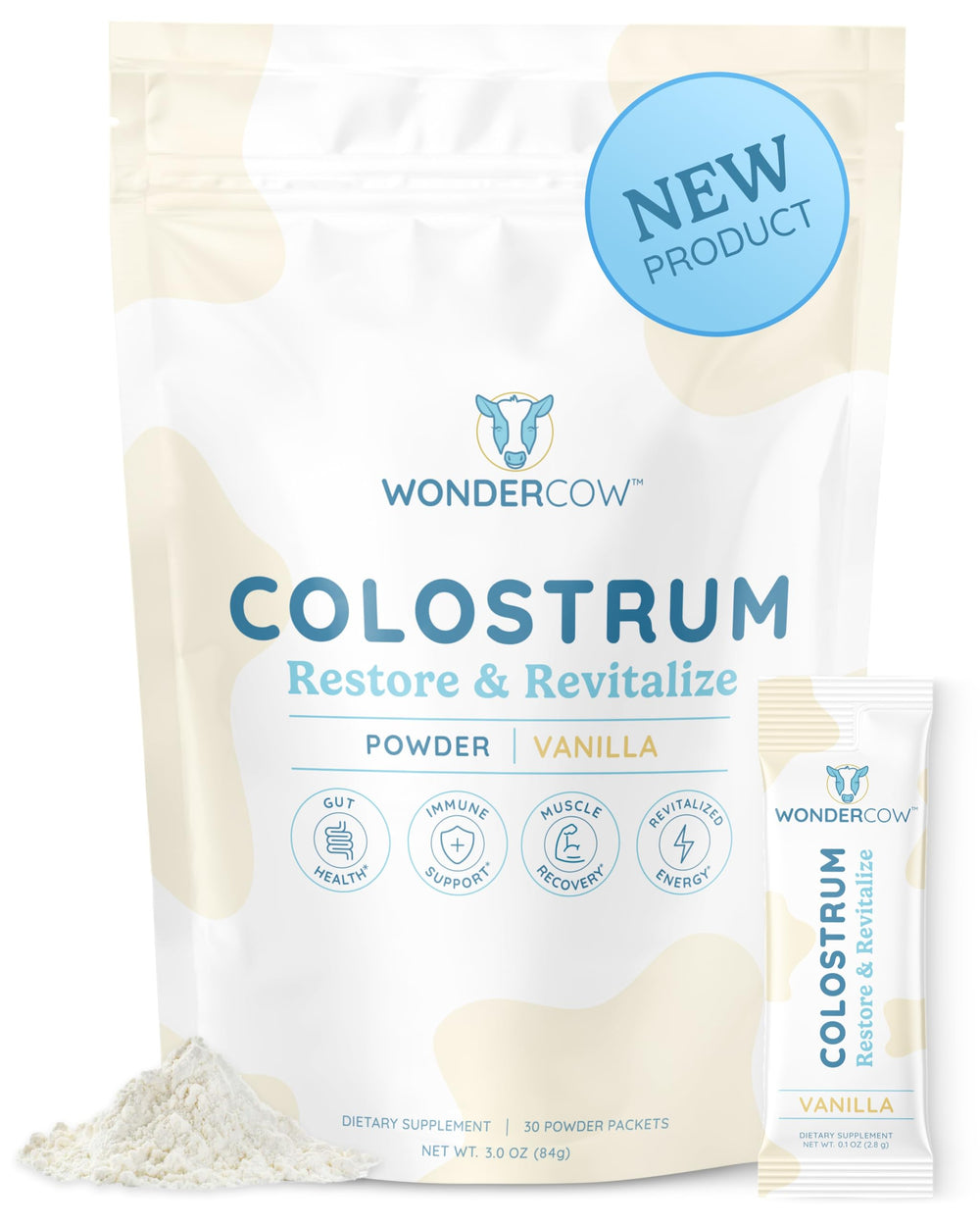 WONDERCOW colostrum powder vanilla tub for gut health and immune support