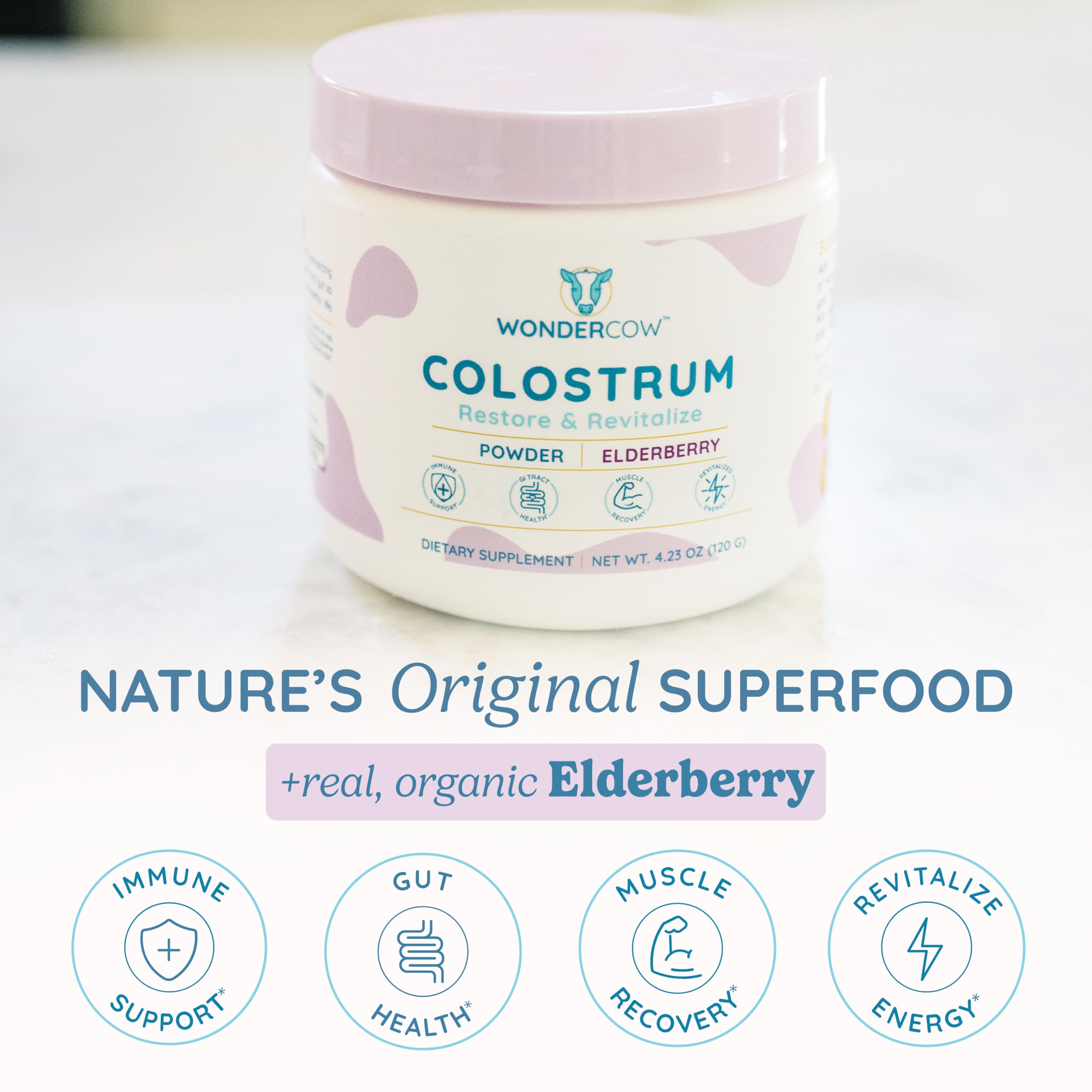 WonderCow elderberry-infused colostrum powder poured into smoothie for immune support.