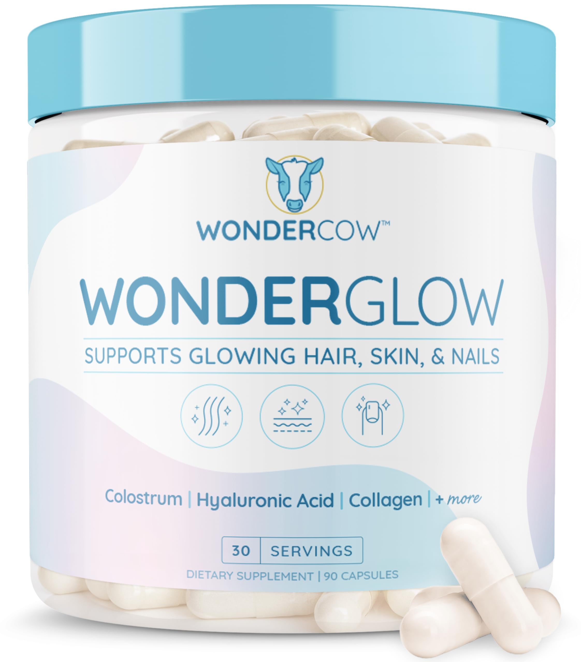 WonderCow bottle with capsules signaling daily beauty support for hair, skin, and nails.