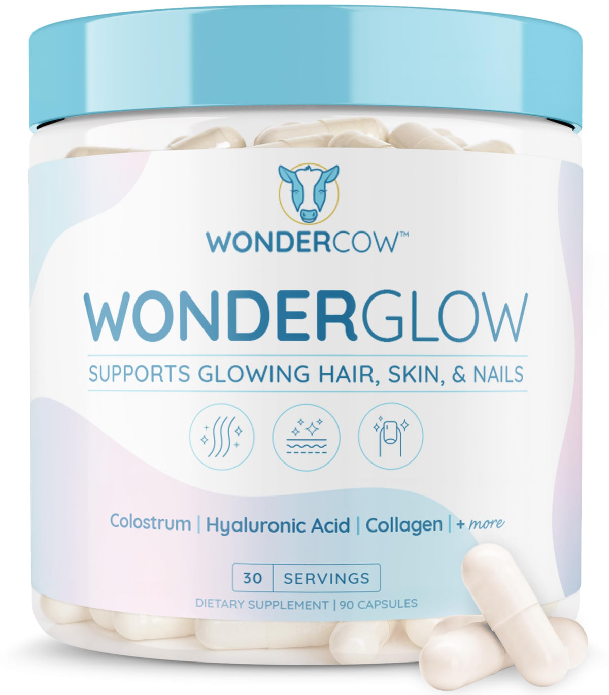 WonderCow bottle with capsules signaling daily beauty support for hair, skin, and nails.