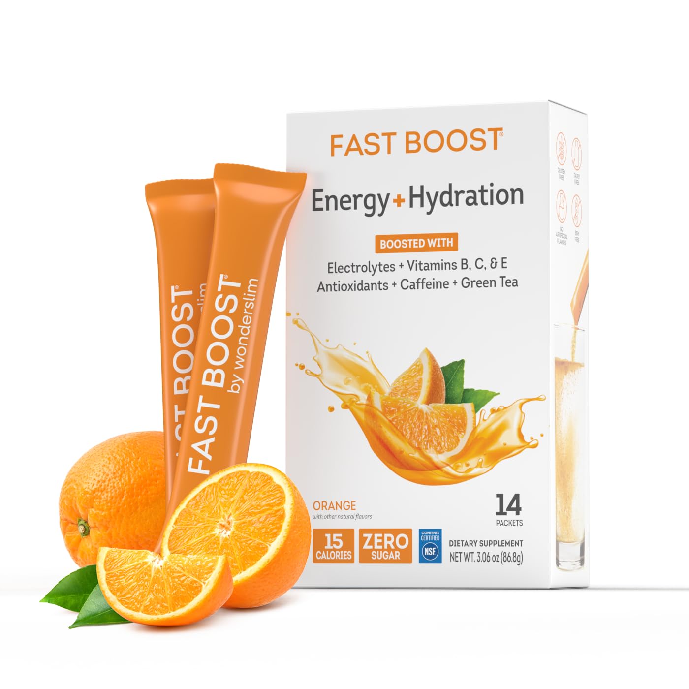 WonderSlim Fast Boost orange stick pack shown for quick hydration and zero sugar