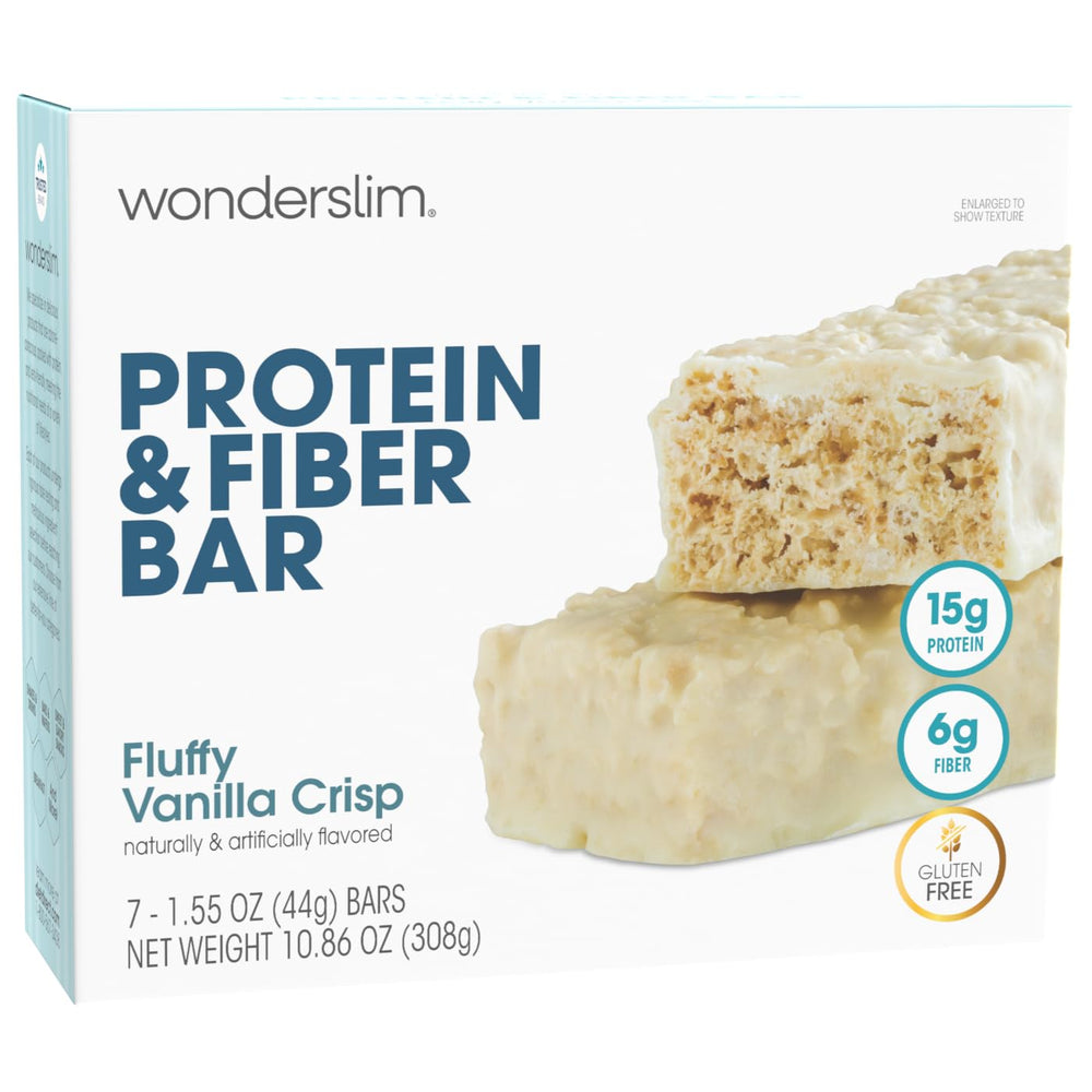 WonderSlim fluffy vanilla crisp bar shows soft texture and protein-fiber boost for on-the-go snacking.