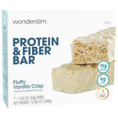 WonderSlim fluffy vanilla crisp bar shows soft texture and protein-fiber boost for on-the-go snacking.